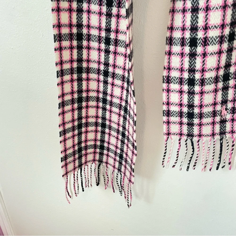 Ralph Lauren Blue Label Pink Plaid Fringe Scarf 100% Lambswool Italy